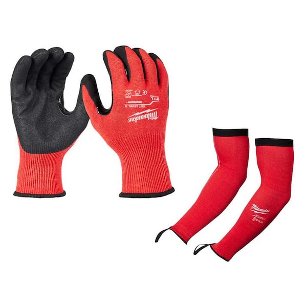 Milwaukee Large CUT 3 NITRILE GLOVES with 18 in. Red 4-Way Stretch Cut 3 Resistant Protective Arm Sleeves