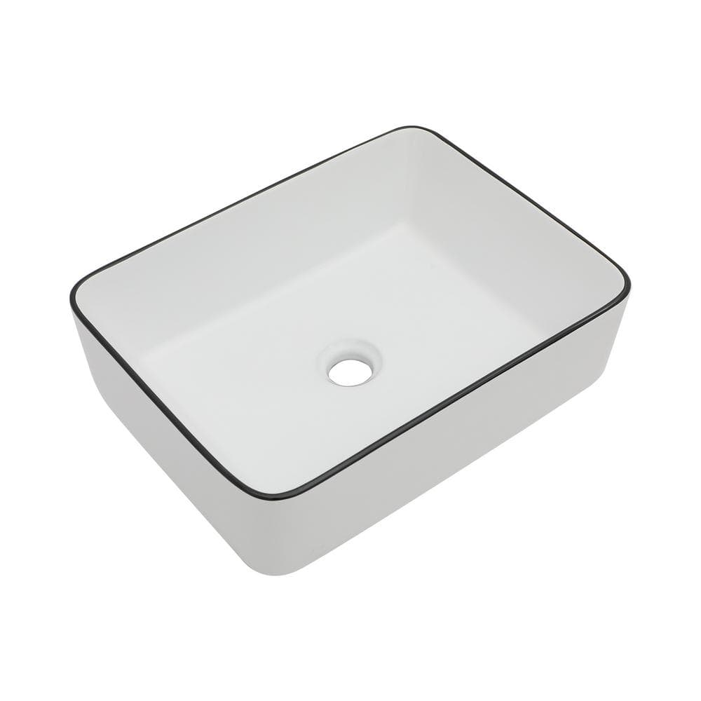 16 x 12 Inch White Ceramic Rectangular Vessel Sink with Black Rim