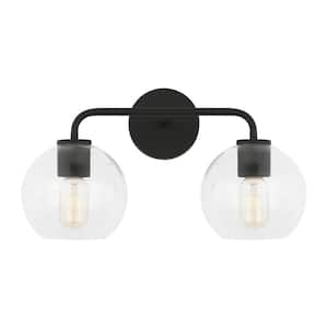 Orley 17.5 in. 2-Light Midnight Black Modern Industrial Wall Bathroom Vanity Light with Clear Glass Shades