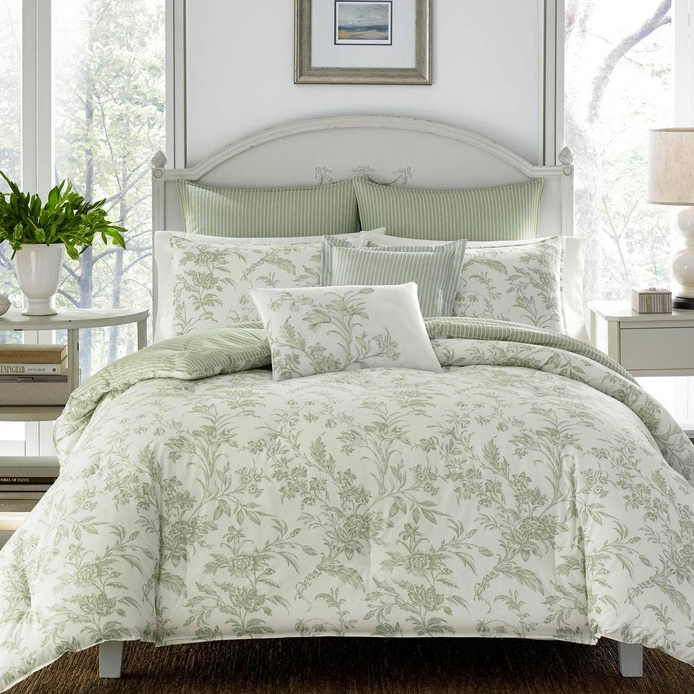 Laura Ashley Natalie 7-Piece Green Floral Cotton King Comforter Set - 1