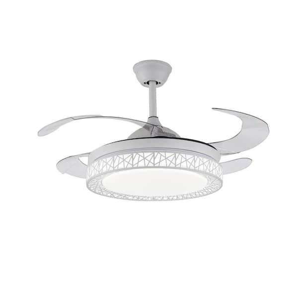 OUKANING 42 in. Modern Indoor Integrated LED 3 Colors Change Retractable Blade Ceiling Fan with Light for Living Room