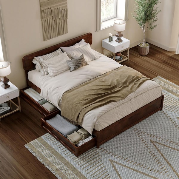 Capri Walnut Brown Solid Wood Frame Queen Platform Bed with Panel Footboard and Storage Drawers