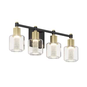 Champagne Globe 26 in. 4 Light Black & Gold Modern Integrated LED 5 CCT Vanity Light Bar for Bathroom with Bubble Glass