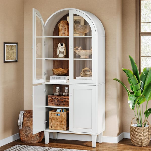 Helotes White 68.11 in. Accent Storage Cabinet with Doors and Adjustable Shelves, Farmhouse Wooden Bookshelf