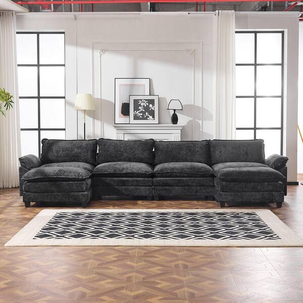 KD 155 in. Wide Pillow Top Arm Chenille U-shaped Sofa in Black with Ottoman