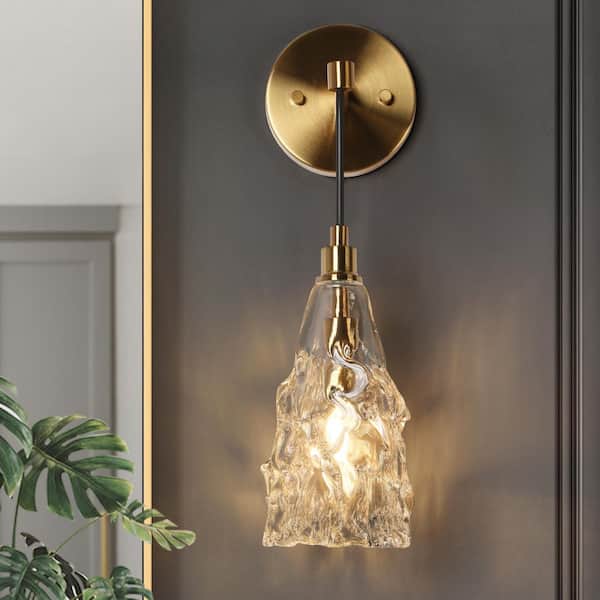 Uolfin Transitional Bathroom Bell Wall Sconce 1-Light Plating Brass Bedroom Wall Light with Crystal Shade