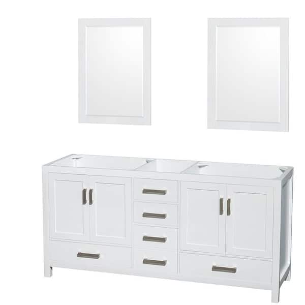 Wyndham Collection Sheffield 70.75 in. W x 21.5 in. D x 34.25 in. H Double Bath Vanity Cabinet without Top in White with 24" Mirrors