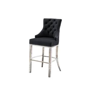 Alberto 29 in. H Black Velvet Fabric Full Back Metal Frame Barstool With Stainless Steel Legs (Set of 1)