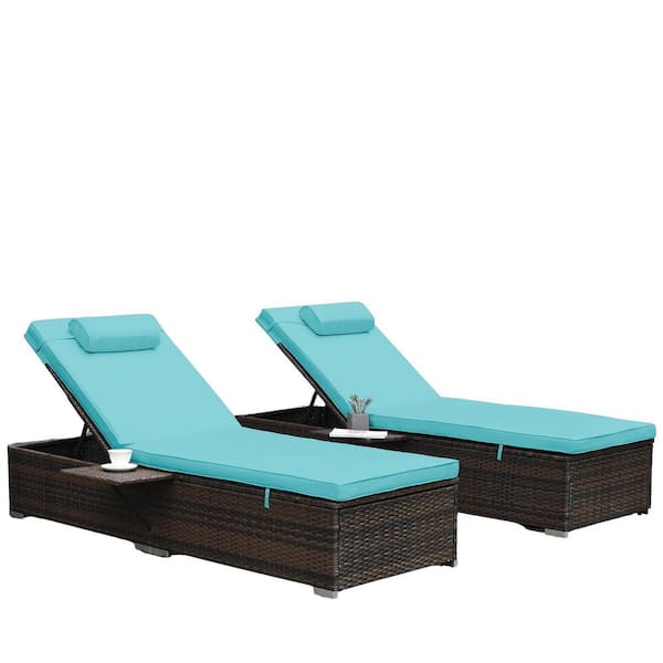 Zeus & Ruta Brown PE Rattan and Steel Frame, PE Wicker Adjustable Sets of Outdoor Patio Chaise Lounge Chair with Blue Cushions