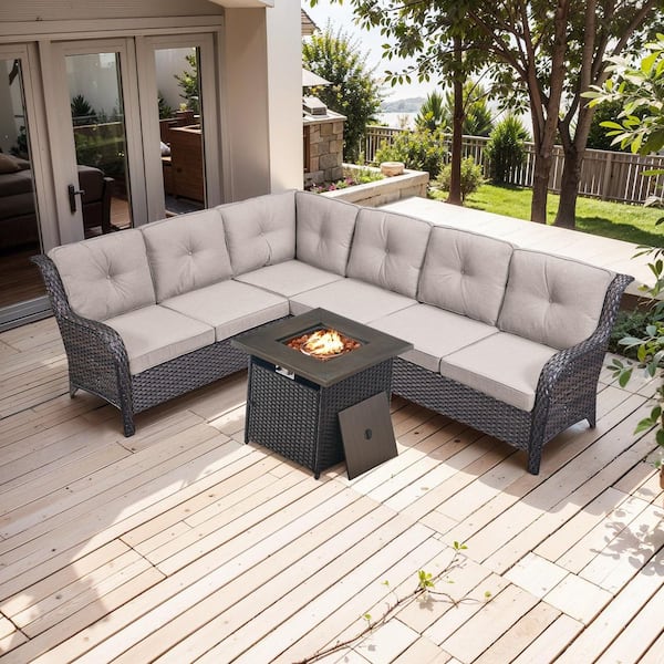 moosprr 3-Piece Brown Wicker Fire Pit Conversation Set with Olefin Beige Cushions and L-Shaped Sofa/Fire Pit Table
