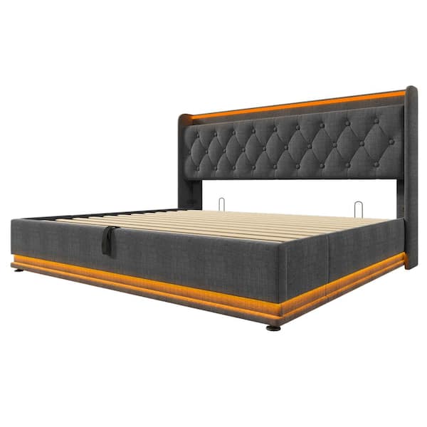 Gray Wood and Metal Frame Upholstered Linen King Platform Bed with Hydraulic Storage, USB Charging and 360° LED Light
