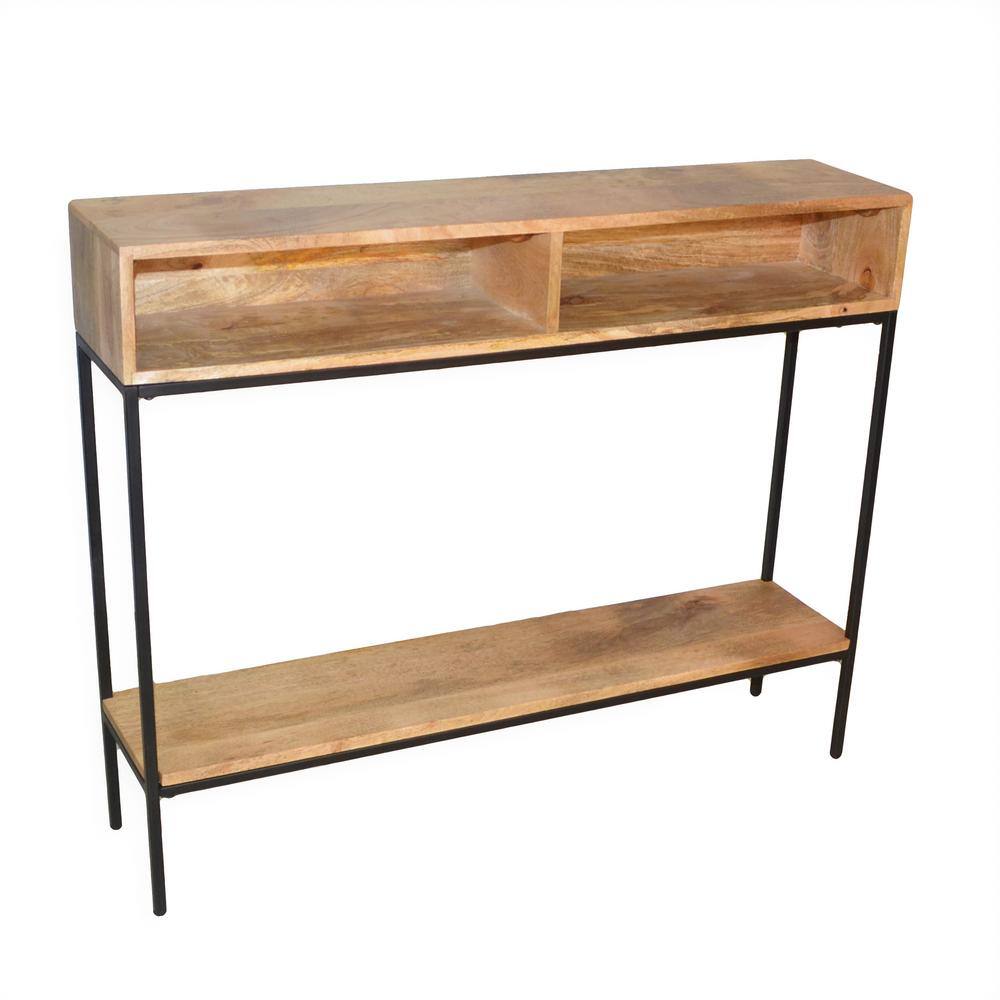 Natural Mango Wood and Black Metal Console Table with Storage