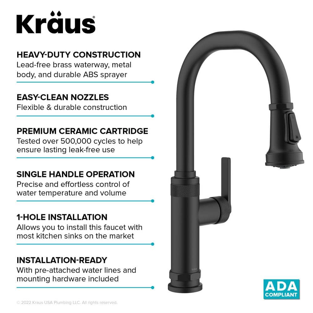 Matte Black Brass Industrial Pull-Down Kitchen Faucet