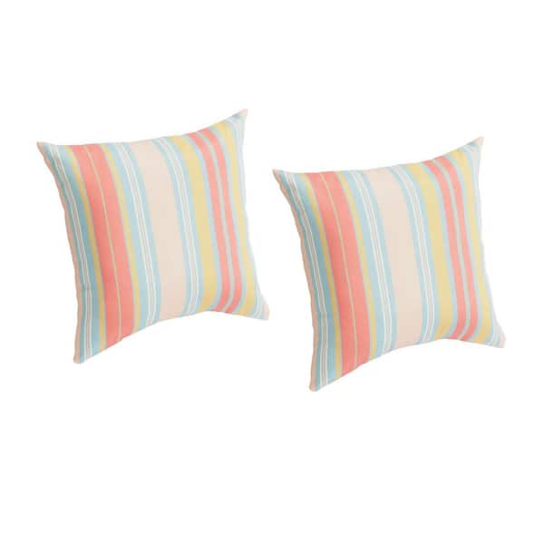 18 in. x 18 in. Outdoor Patio Throw Pillow in Pink Bimini Stripe (Set of 2)
