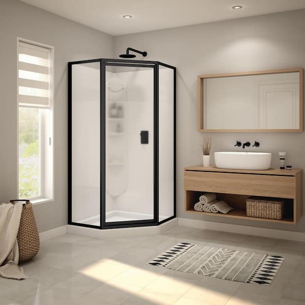 Summit 38 in. L x 38 in. W x 76.5 in. H Corner Center Drain Shower Stall/Kit, White w/ Centre Silk Glass in Matte Black