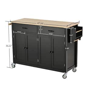 Black Kitchen Island Cart with Solid Wood Top & Locking Wheel 4-Door & 2-Drawer Kitchen Cart with Spice Rack Towel Rack