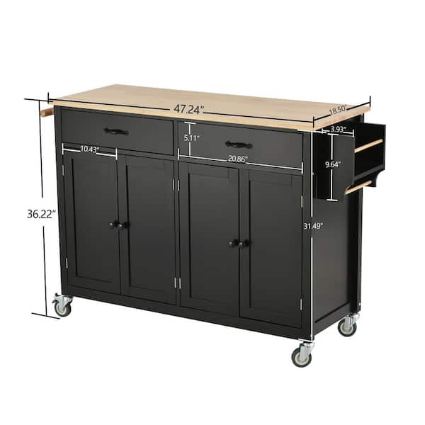 Black Kitchen Island Cart with Solid Wood Top & Locking Wheel 4-Door & 2-Drawer Kitchen Cart with Spice Rack Towel Rack