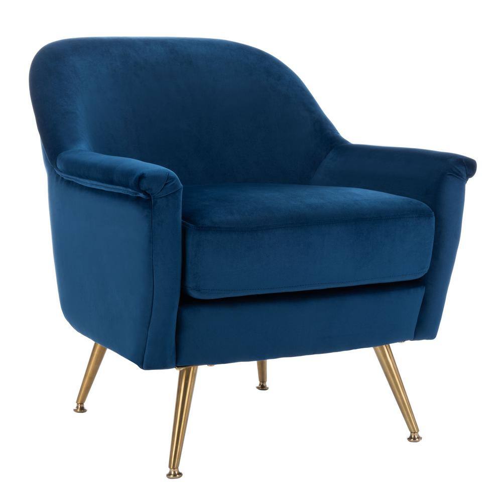 Luxurious Navy Velvet Wood Accent Arm Chair with Brass Legs