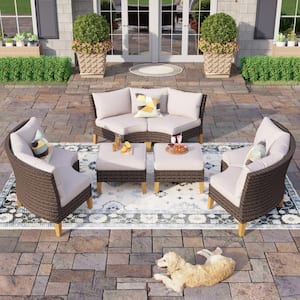 Brown Rattan Wicker 8 Seat 8-Piece Steel Patio Outdoor Sectional Set with Beige Cushions