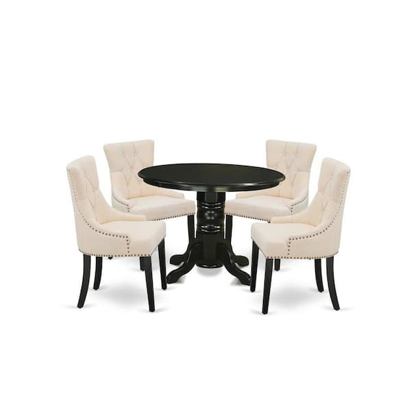 5-Piece Round Black Finish Solid Wood Top Dining Table with 4 Parson Chair with Lattice Back