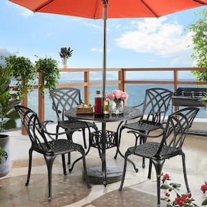 Black 5-Piece Cast Aluminum Round Outdoor Dining Set Garden Deck Furniture
