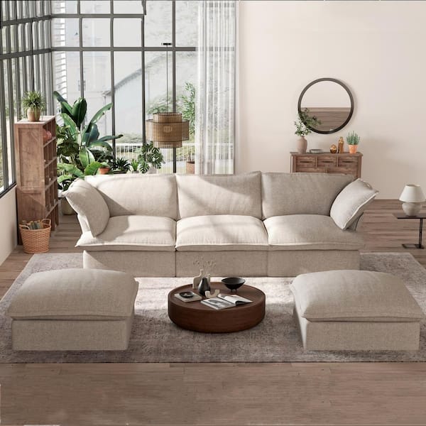Magic Home 122.8 in. Flared Arm 5-Piece Linen U-Shaped Sectional Sofa Pine Wood Overstuffed Cloud Couch with Beige Storage Ottoman