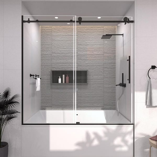 60 in. W x 60 in. H Sliding Semi Frameless Shower Door in Matte Black Finish