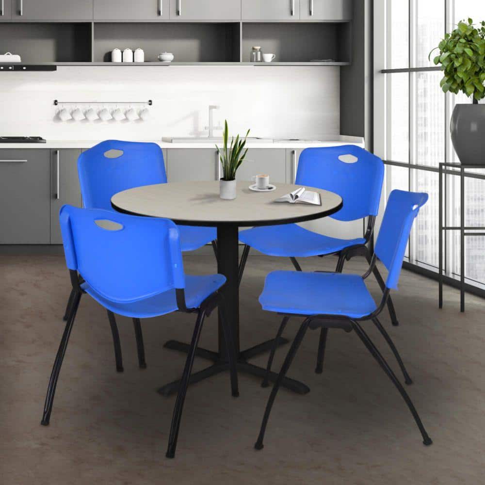 Cain 36 in. Maple Round X-Base Breakroom Table Desk and 4 M Stack Chairs-Blue