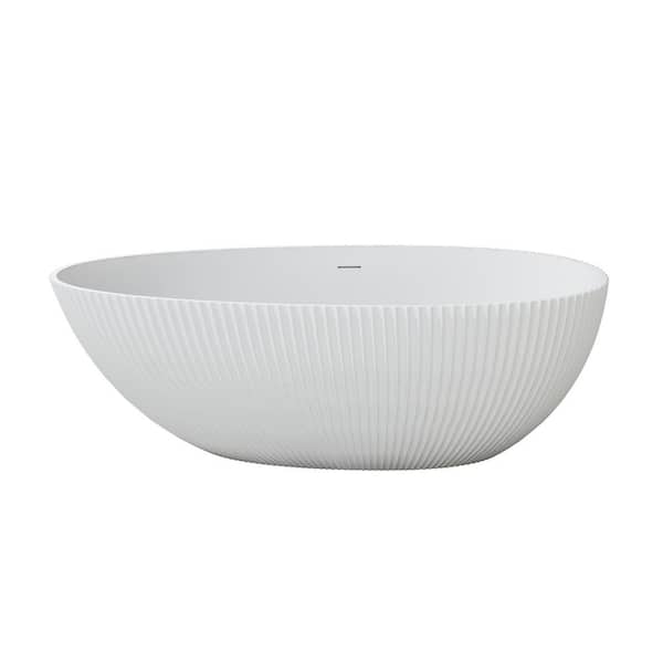 65.35 in. x 31.89 in. Solid Surface Egg Shape Freestanding Bathub in White with Center Drain