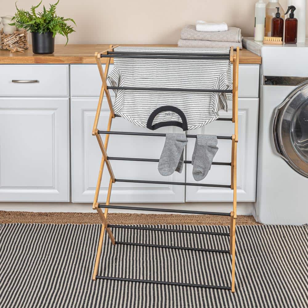 Compact Bamboo and Black Folding Clothes Drying Rack