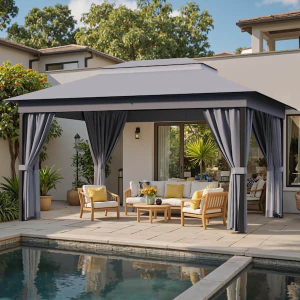 10 ft. x 13 ft. Gray Outdoor Steel Frame Gazebo with Mosquito Netting