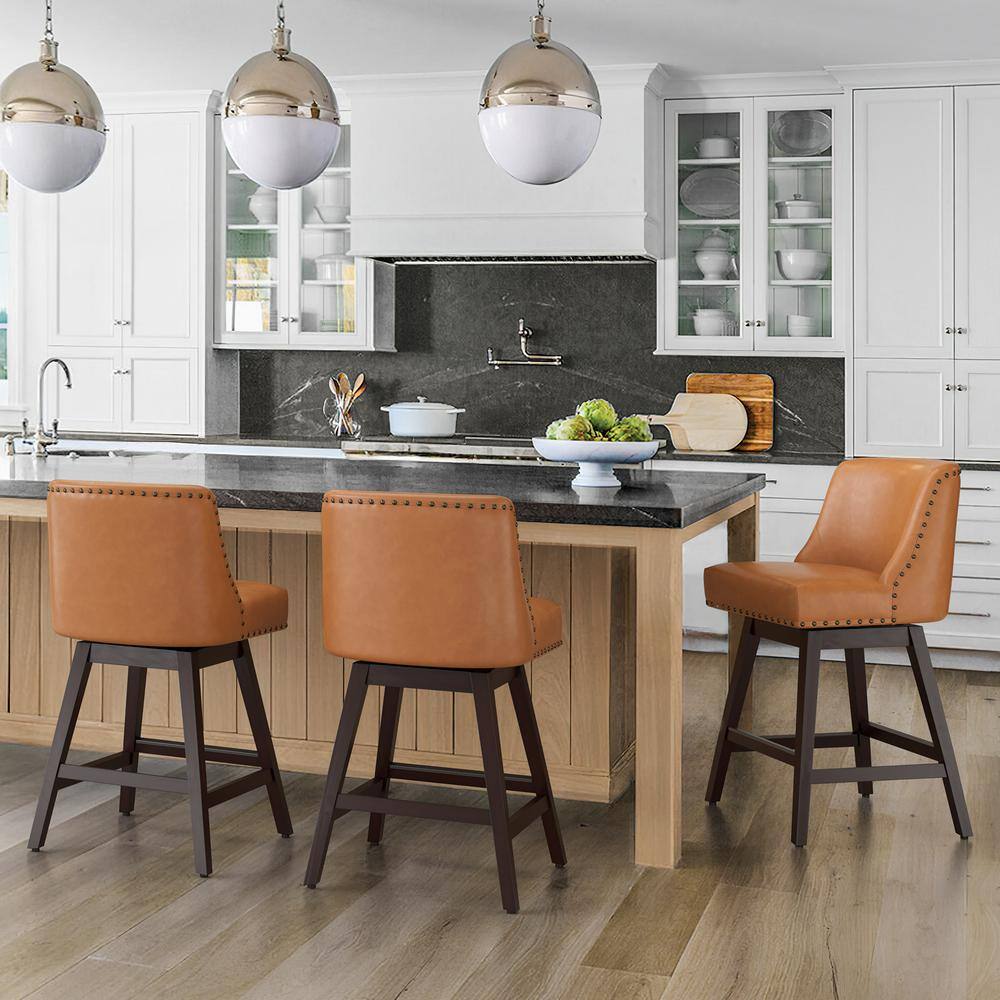 26 Inch Brown Faux Leather Swivel Counter Stools with Wood Legs