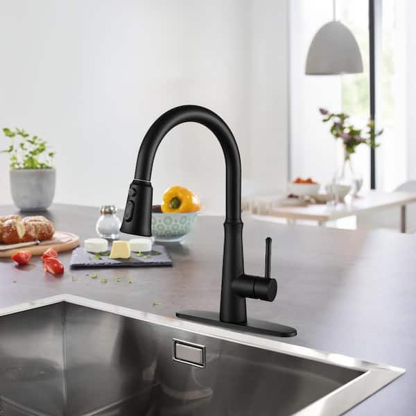 Single Handle Pull-Down Sprayer Kitchen Faucet Stainless Steel with Deckplate Included in Matte Black