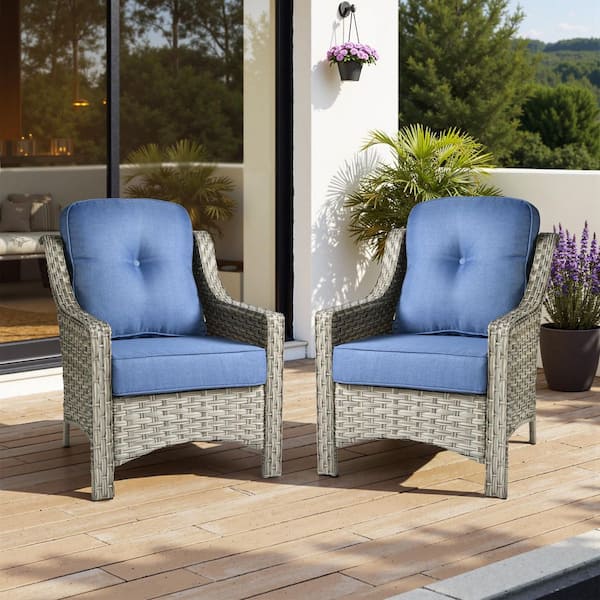 Ergonomic Arm 2-Piece Gray Wicker Outdoor Lounge Single Chair Patio Dining Chairs with Diamond Blue for Backyard