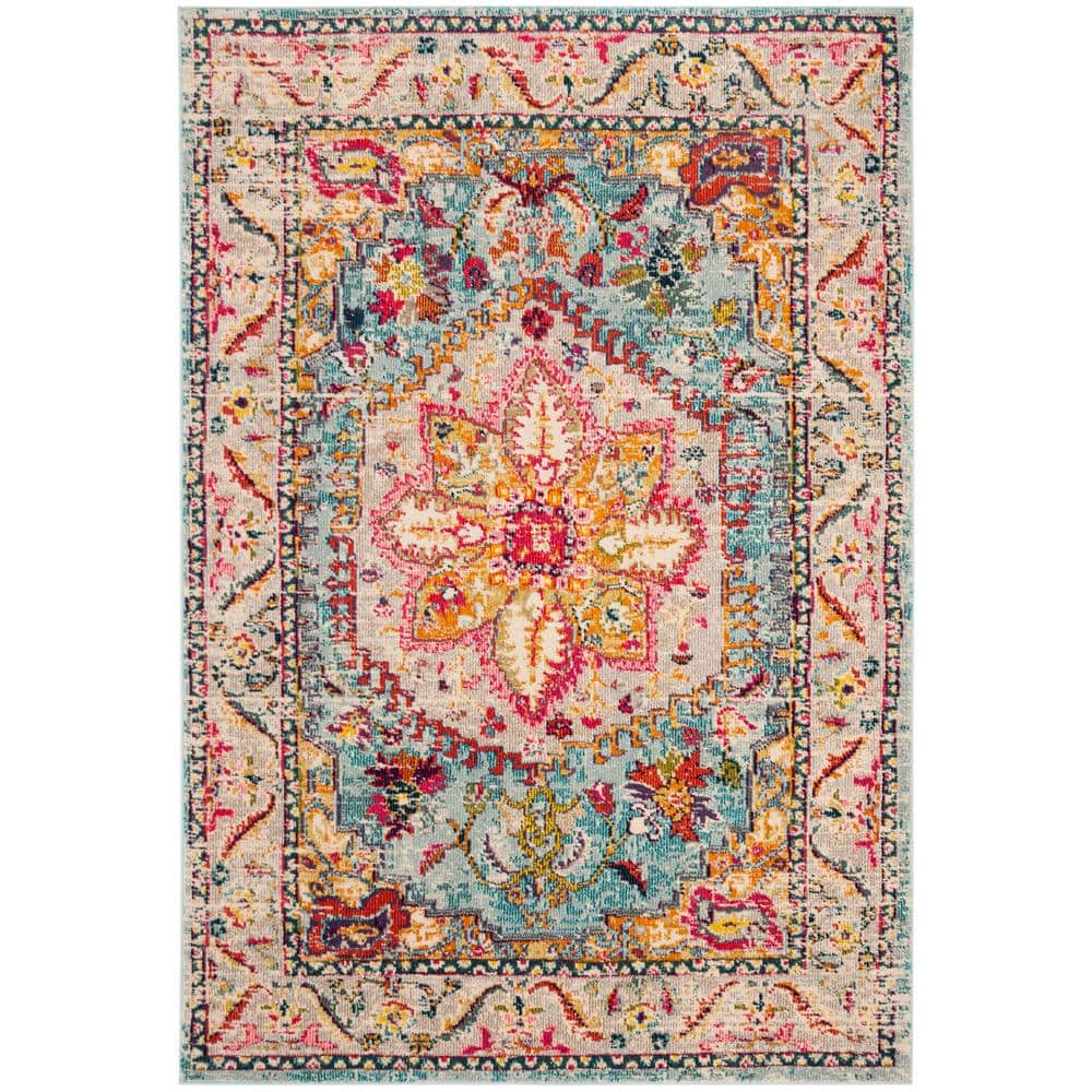 Turquoise and Beige Medallion Synthetic 4' x 6' Area Rug