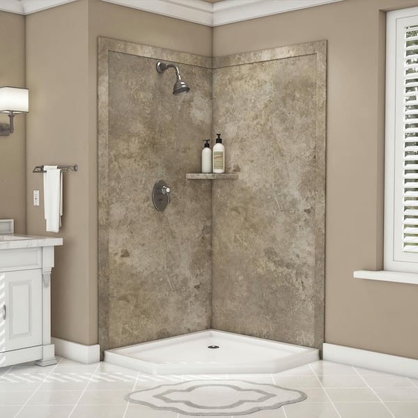 FlexStone Splendor 40 in. x 40 in. x 80 in. 7-Piece Easy Up Adhesive Corner Shower Wall Surround in Mocha Travertine