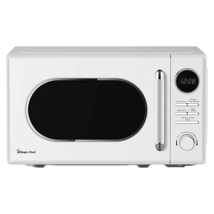 Magic Chef 0.7 Cubic Feet 700 Watt Classic Retro Touch Countertop Microwave with 10 Power Levels, 9 Auto Cook Menus, and Glass Turntable, White