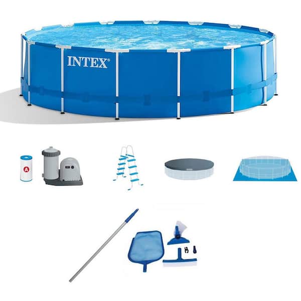 Intex 15 ft. x 48 in. Deep Metal Frame Above-Ground Round Pool and Maintenance Kit with Vacuum and Pole