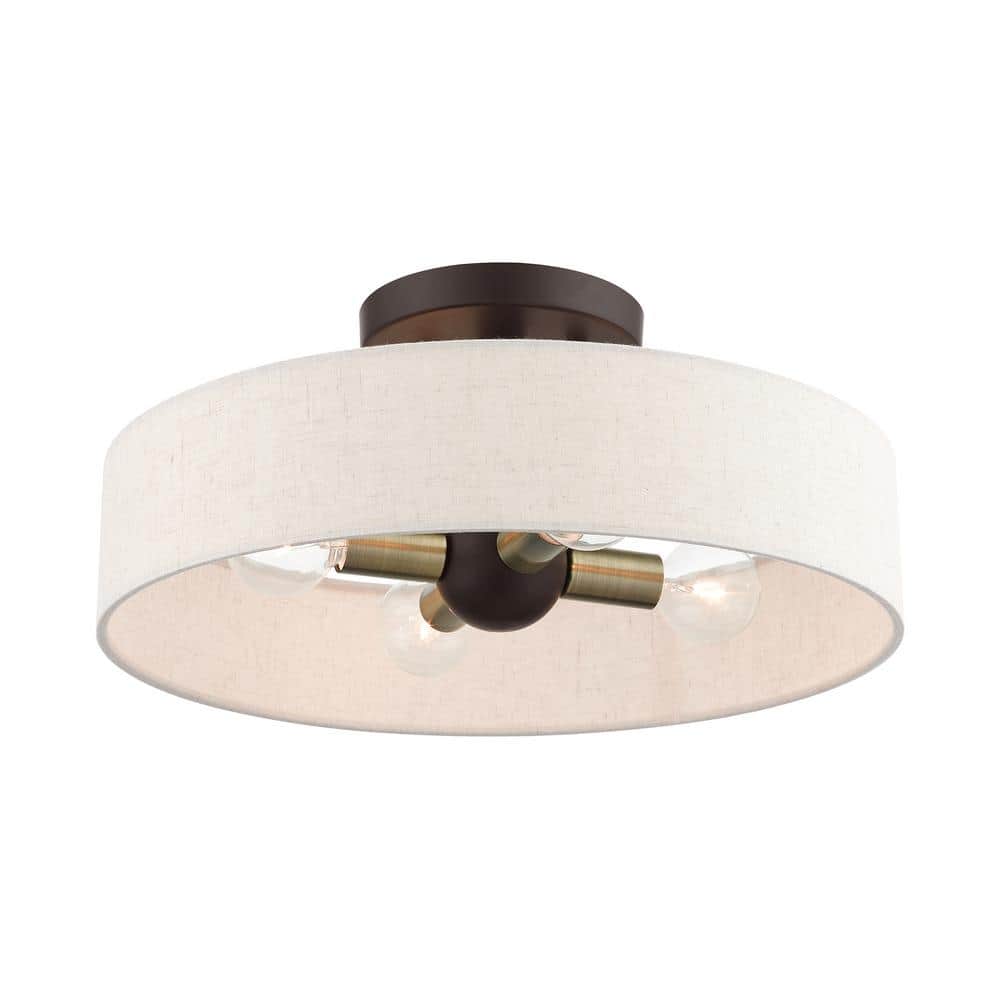 Bronze Antique Brass 4-Light Drum Semi-Flush Mount with Oatmeal Shade