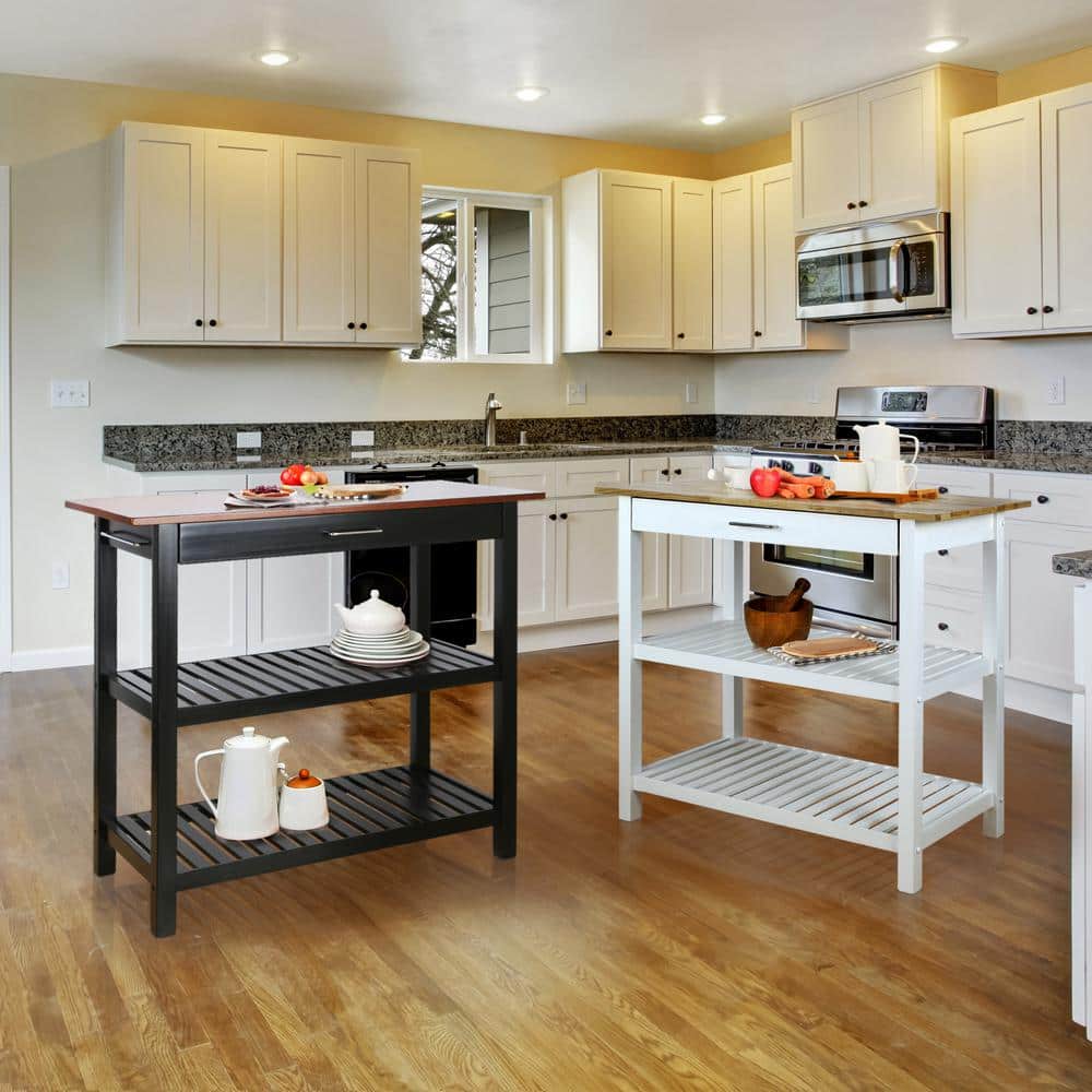 Walnut and Black Solid Wood Kitchen Island with Shelves