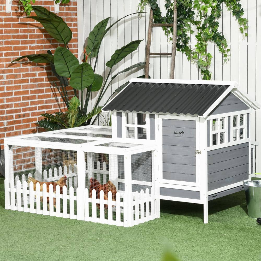 Gray and White Wooden Chicken Coop with Run and Nesting Box