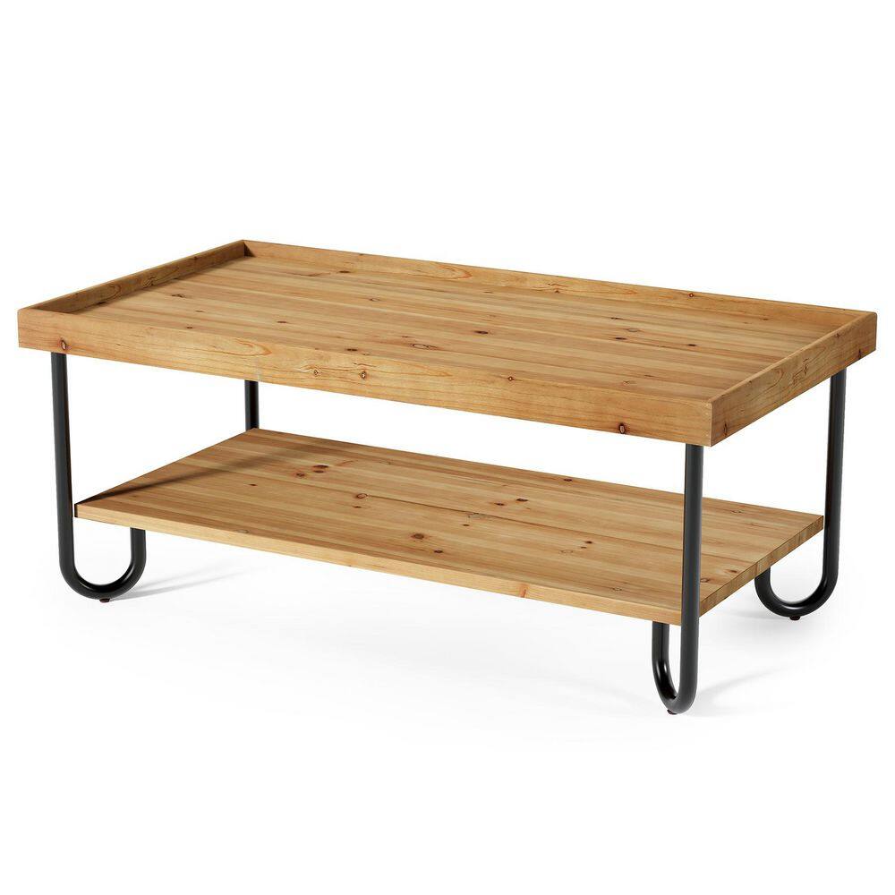 Allan 47.24 in. Nature Rectangle Solid Wood Coffee Table, 2-Tier Living Room Center Table with 4 Metal Legs