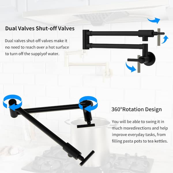 Wall Mounted Pot Filler Kitchen Faucet with Double Joint Swing Arms in Matte Black