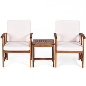 3-Piece Solid Wood Patio Conversation Set with White Cushions