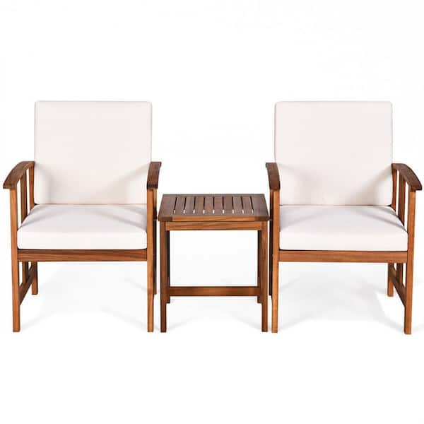 SUNRINX 3-Piece Solid Wood Patio Conversation Set with White Cushions