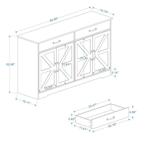 FUNKOL 55.91inx15.75inx32.09in MDF Ready to Assemble Kitchen Cabinet in White with 2 Drawers and 4 Doors with X