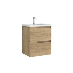 Menta 20 in. W x 16.1 in. D x 23.8 in. H Single Sink Wall Mounted Bath Vanity in Natural Oak with White Ceramic Top