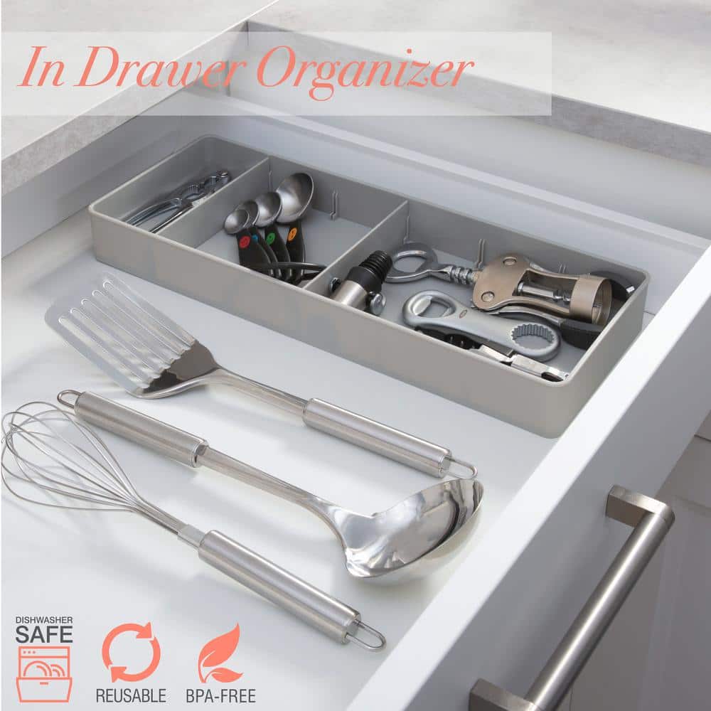 Gray Adjustable Plastic Kitchen Drawer Organizer Tray