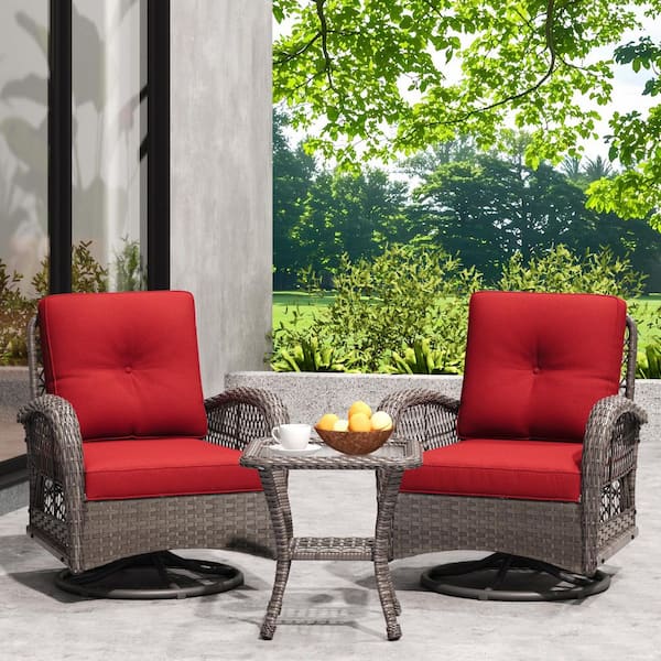 JOYSIDE 3-Piece Wicker Outdoor Rocking Chair Patio Conversation Set Swivel Chairs with Red Cushions and Side Table