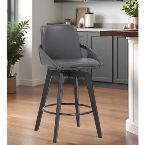HomeRoots 27 in. Gray And Black Faux Leather Swivel Low Back Bar Height Bar Chair With Footrest